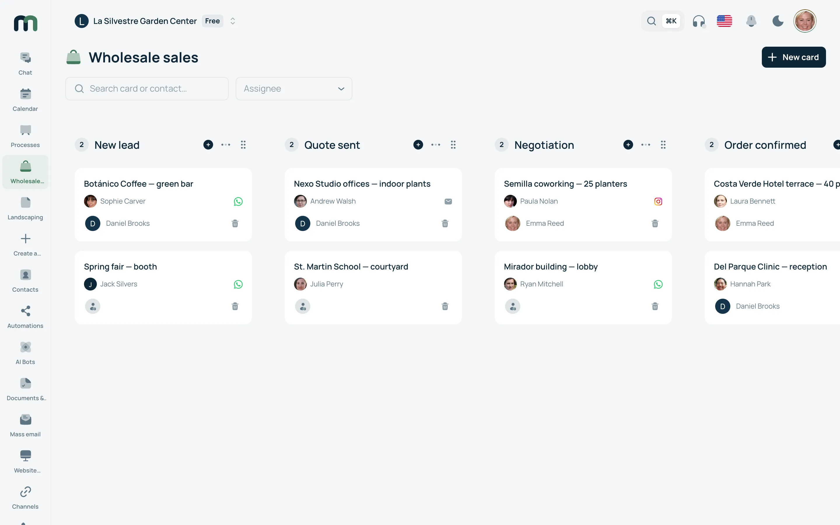 A sales kanban board with cards spread across stages.