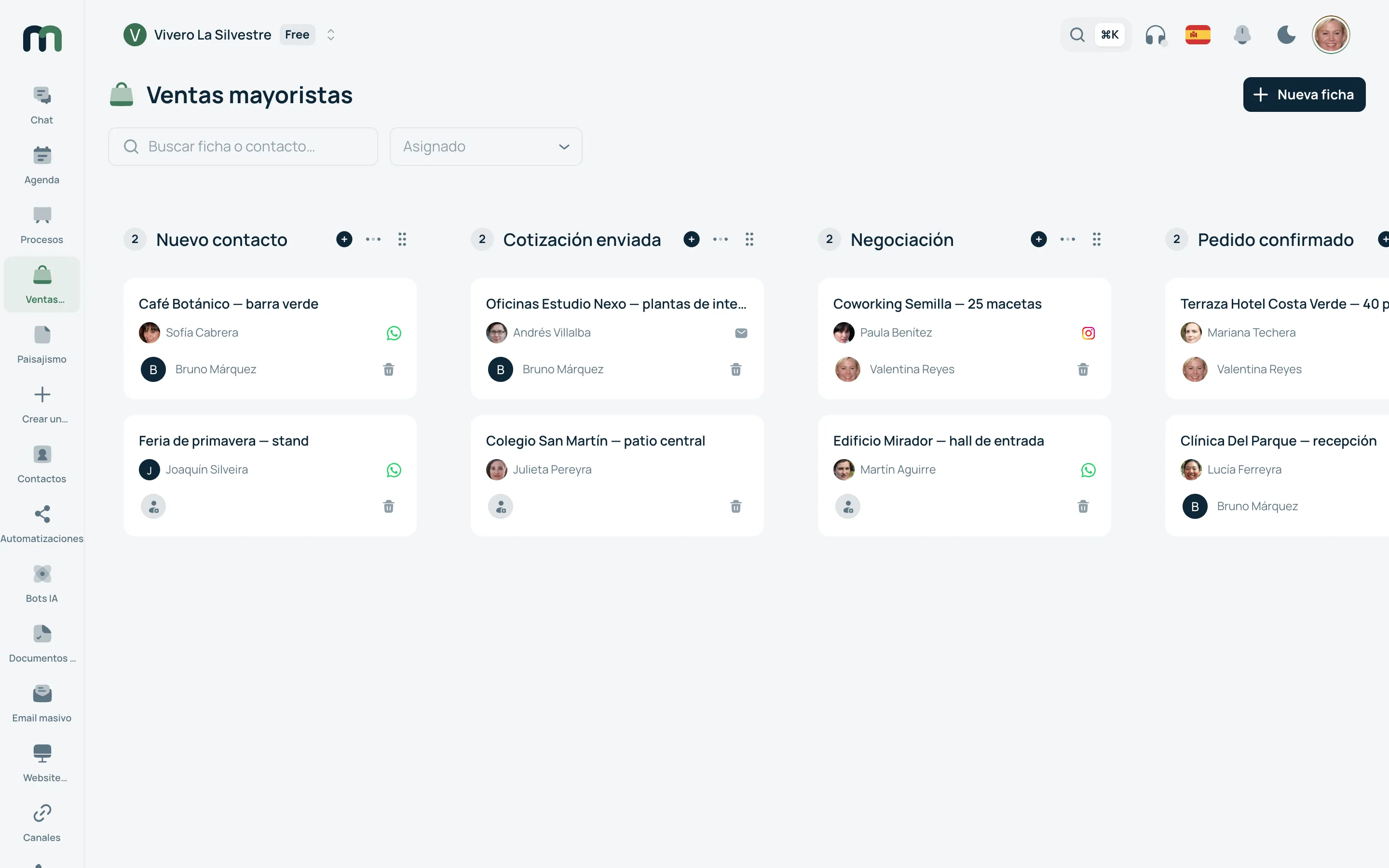 Un tablero kanban de ventas con fichas repartidas por etapa.